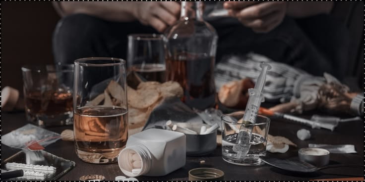 Mesa com copos de álcool, seringas e comprimidos